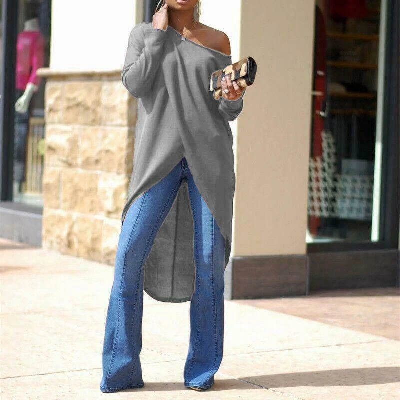 

Fashion Women Summer Long Sleeve Loose Blouse Casual split Shirt Skew Collar Neck Solid Tops