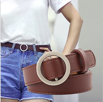 

Women PU Leather Metal Ring Buckle Waistbands Solid Elegant Hot Sale High Quality No Needle Punching Female Adjustable Belt
