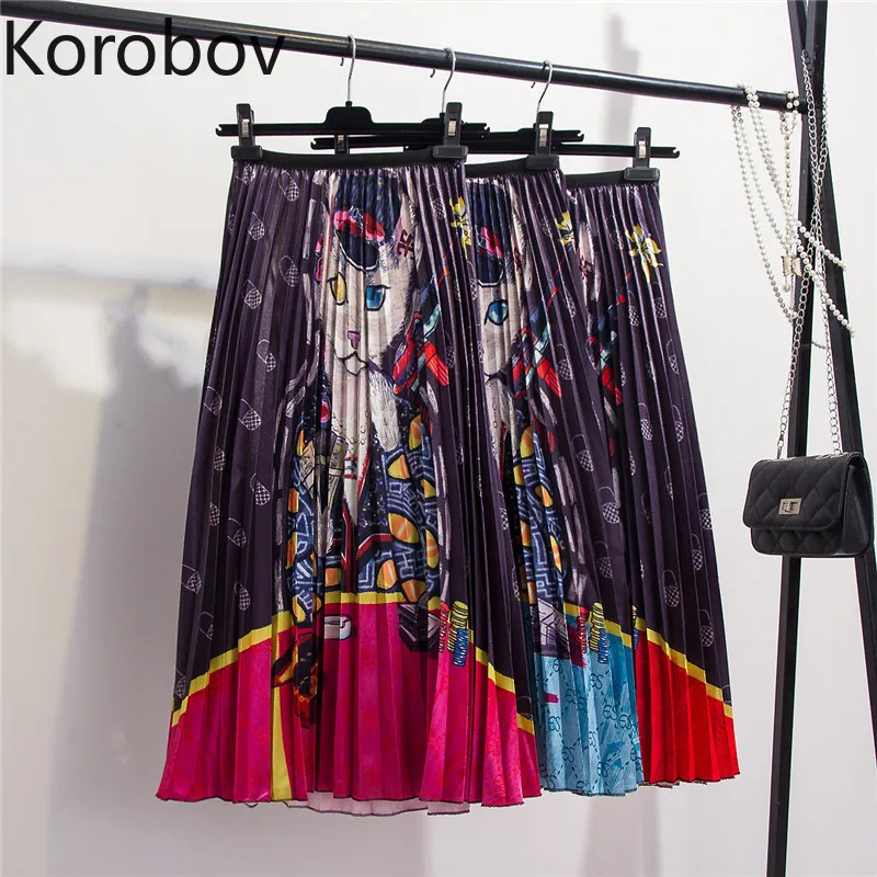 Korobov/ новые летние корейские юбки женские уличные плиссированные юбки с принтом из мультфильмов Длинная атласная юбка Harajuku 77951