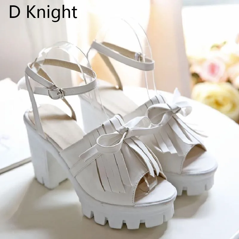 Roman Sandals Woman Sweet Bowtie Yong Lady Lolita Shoes Ankle Strap Square High Heels Female Goth Shoes Platform Summer Sandals  (4)