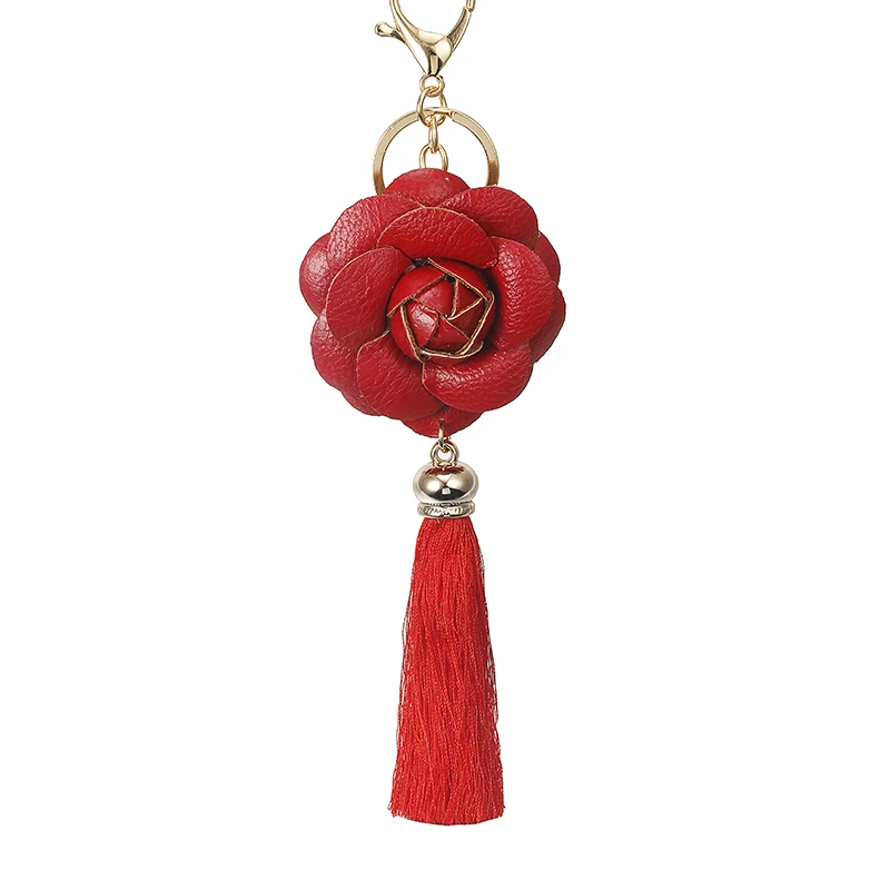 

New Arrival Camellia Leather Flower with Tassel Key Chain Golden Fashion Key Ring Women Bag Pendant Car Keychain EH883
