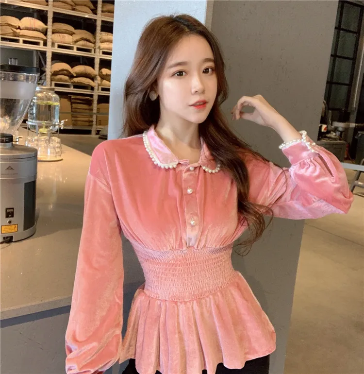 

blusas mujer de moda 2019 velour loose chic Korean Women's Clothing black beading autumn long sleeve waist pink Blouses Shirts