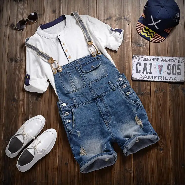 2016 new men s Denim Bib shorts in summer five Korean conjoined tooling suspenders washing