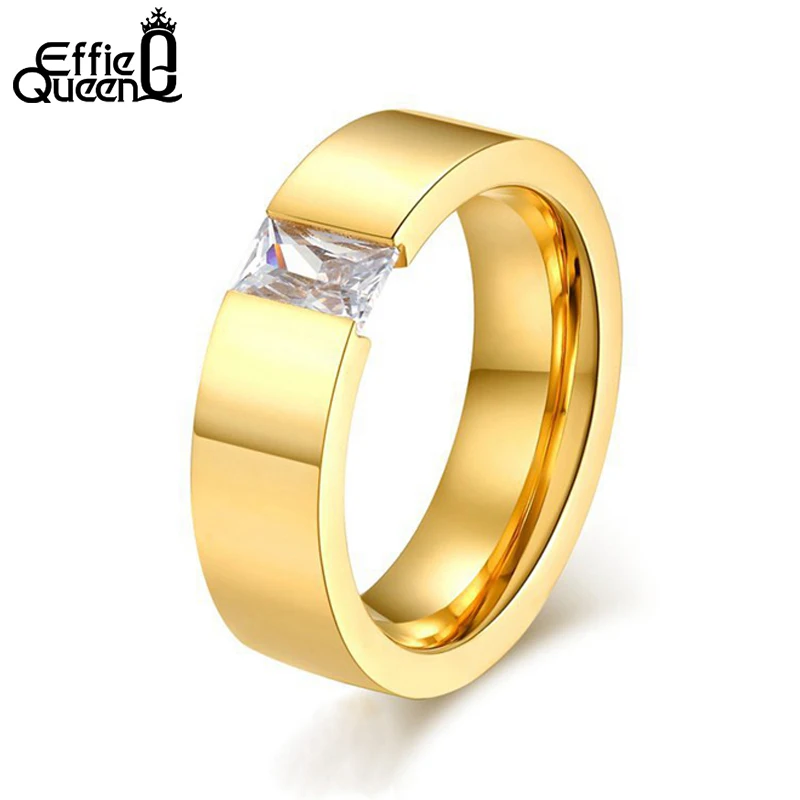 

Effie Queen High Quality 316L Stainless Steel Rings For Women Men AAA Cubic Zircon Black Golf-color Ring 6mm Men Jewelry WTR78