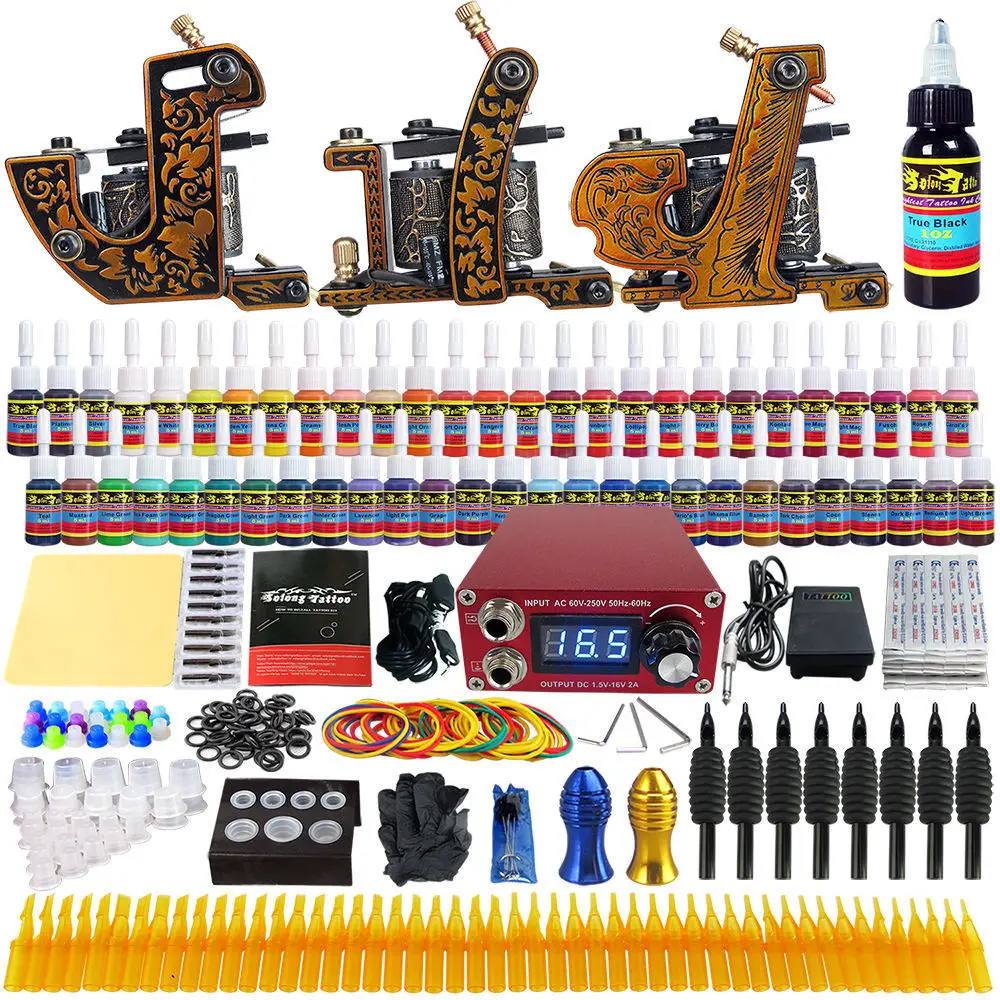 

Pro Complete Tattoo Machine Kit 3 Guns 54 Inks Power Supply Needle Grips Tips Tattoo Gun Immortal Tattoo Ink Set Power Box Grip