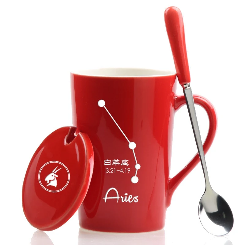 

Creative 12 Constellations Ceramic Mugs With Spoon Lid 420ML Black And Red Porcelain Zodiac Milk Coffee Cup Birthday Gift