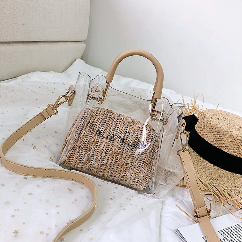

Clear Transparent PVC Women Messenger Bag Summer straw weaving hand shoulder bags girl Weave Handbag Crossbody Chain Beach Bag