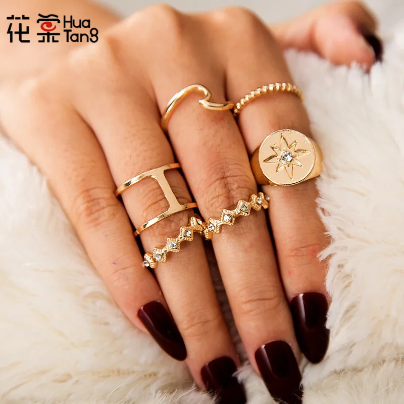 

HuaTang Gold Color Carved Star Crystal Wave Punk Rings for Women Geometric Middle Finger Rings Set Party Jewelry Anillos 3419