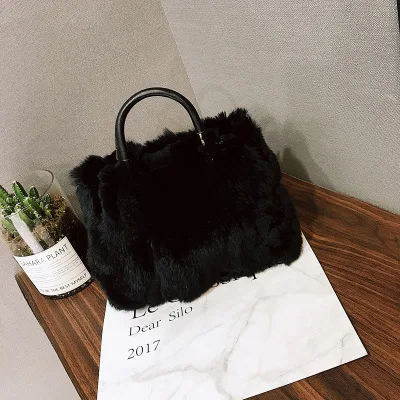 faux fur mini square bag soft ladies plush warm small Messenger bag metal chain tote bag,Black 