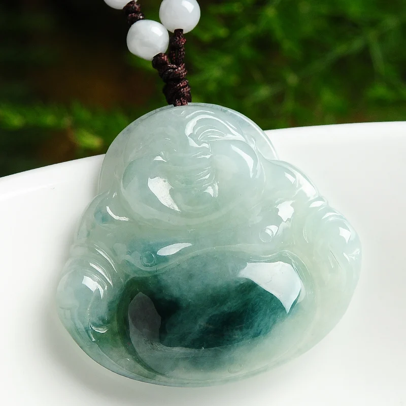 Green Jade Buddha Pendant floating flowers Burma jade a Maitreya Buddha