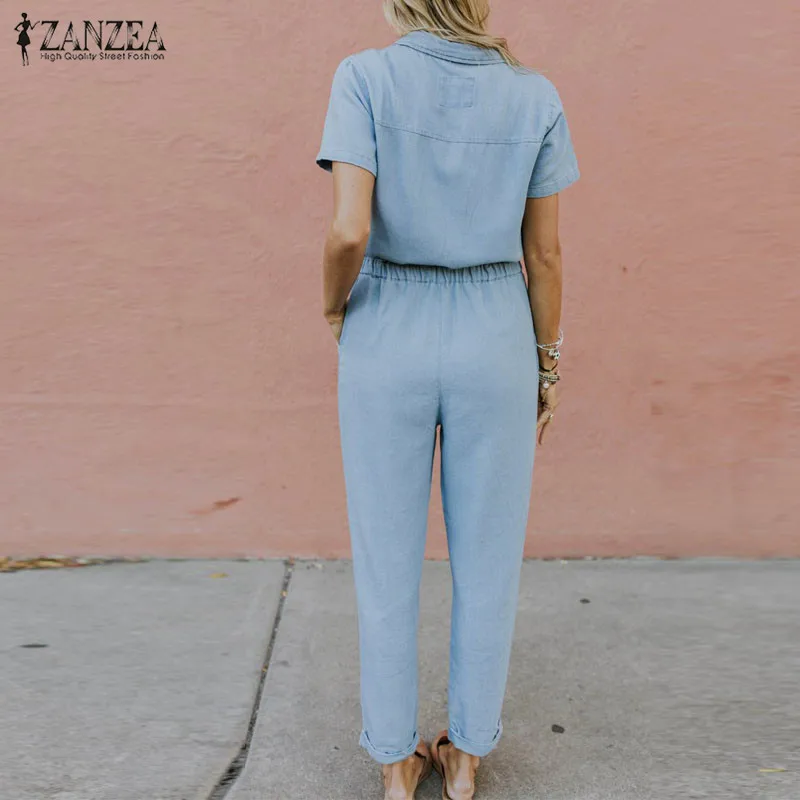 ZANZEA синие джинсовые комбинезоны на молнии, женские комбинезоны с эластичной резинкой на талии, модные джинсовые комбинезоны, костюм пляжного типа женский комбинезон