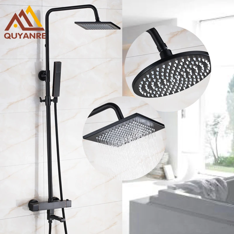 

Black Color Dual Handle Thermostatic Bath & Shower Faucets 8 Inch Head and ABS Headheld Head Mixer Taps