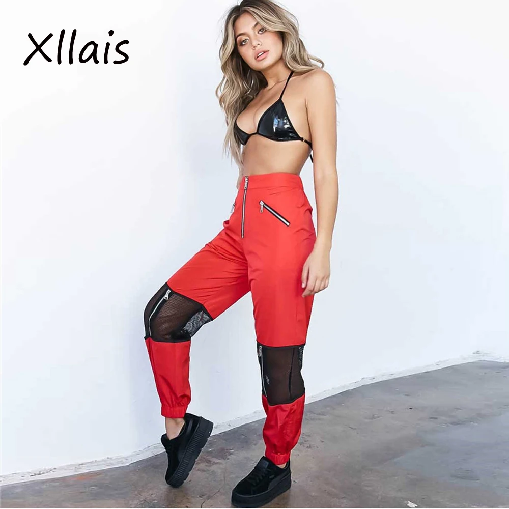 

XLLAIS 2018 Summer New Style Women Sexy Mesh Patchwork Zipper Fly Pants Womens Casual Full Length Hip Hops Streetwear Trousers