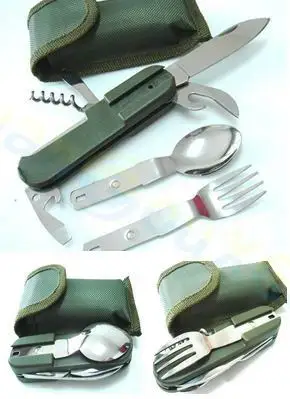 10 * al aire libre de acero inoxidable de vajilla de Picnic cuchillo tenedor cuchara abrelatas de botella del Kit de viaje portátil plegable de Camping utensilio de herramientas