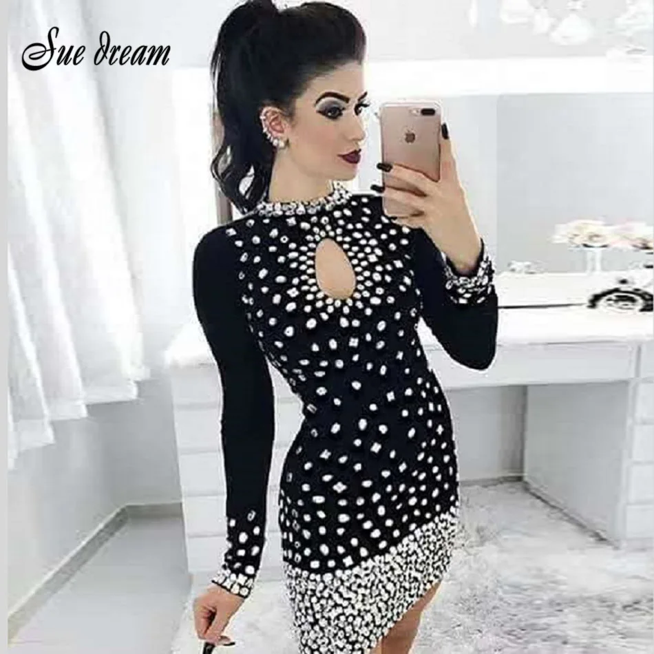 

2019 new black long-sleeved round neck beaded bandage dress winter autumn elegant mini fashion sexy party dress
