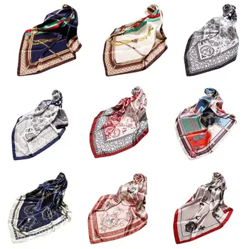 

European Palace Style Ladies Shawl Metal Chain Paisley Floral Print Square Scarf Satin Vintage Neckerchief Handbag Ribbon Wrap