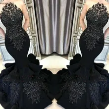 Черные платья для выпускного вечера Русалка аппликация Формальные торжественные праздники одежда Выпускные вечерние уникальные платья плюс размер