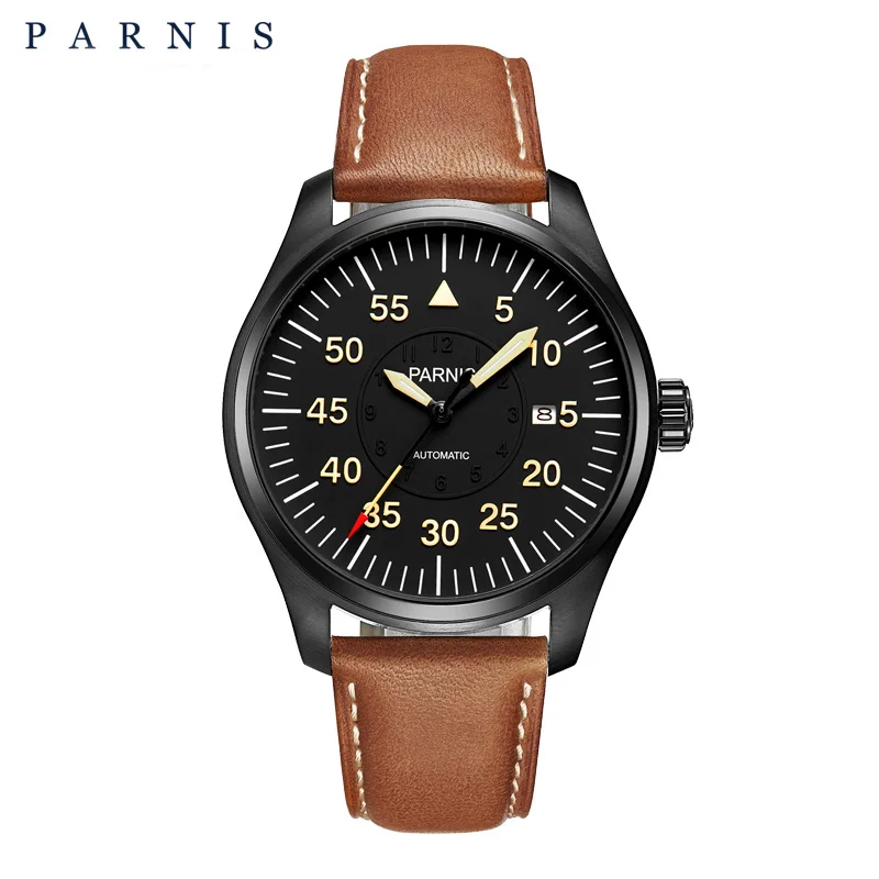 Новые 44 мм часы Parnis Мужские автоматические механические наручные часы чехол из нержавеющей стали с черным циферблатом светящиеся цифры военные мужские часы - Цвет: black case