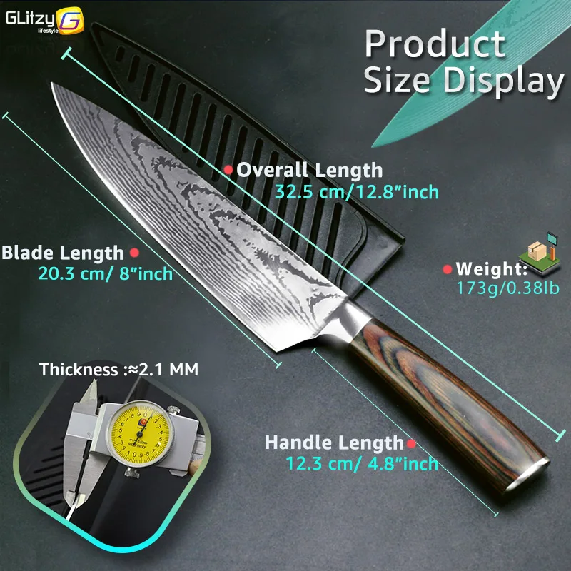 Kitchen knife 8 inch Chef Knives 7CR17 440C High Carbon Japanese Stainless Steel Imitated Damascus Sanding Laser Pattern Santoku