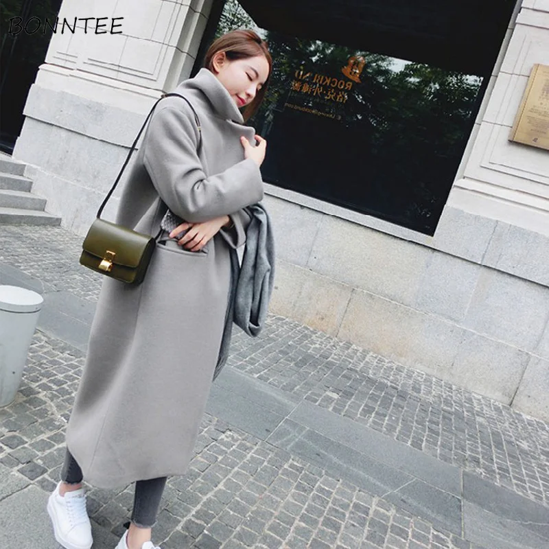 

Blends Women Trendy Elegant Turn-down Collar High Quality Wool Winter Coat Korean Solid Simple Pockets Womens All-match Blend