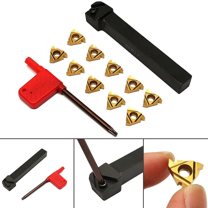 SER1212H16 CNC Tool Holder 10Pcs 16ER AG60 Golden Turning Tips Threading Insert +1pcs Wrench for Stainless Steel Holder Sets