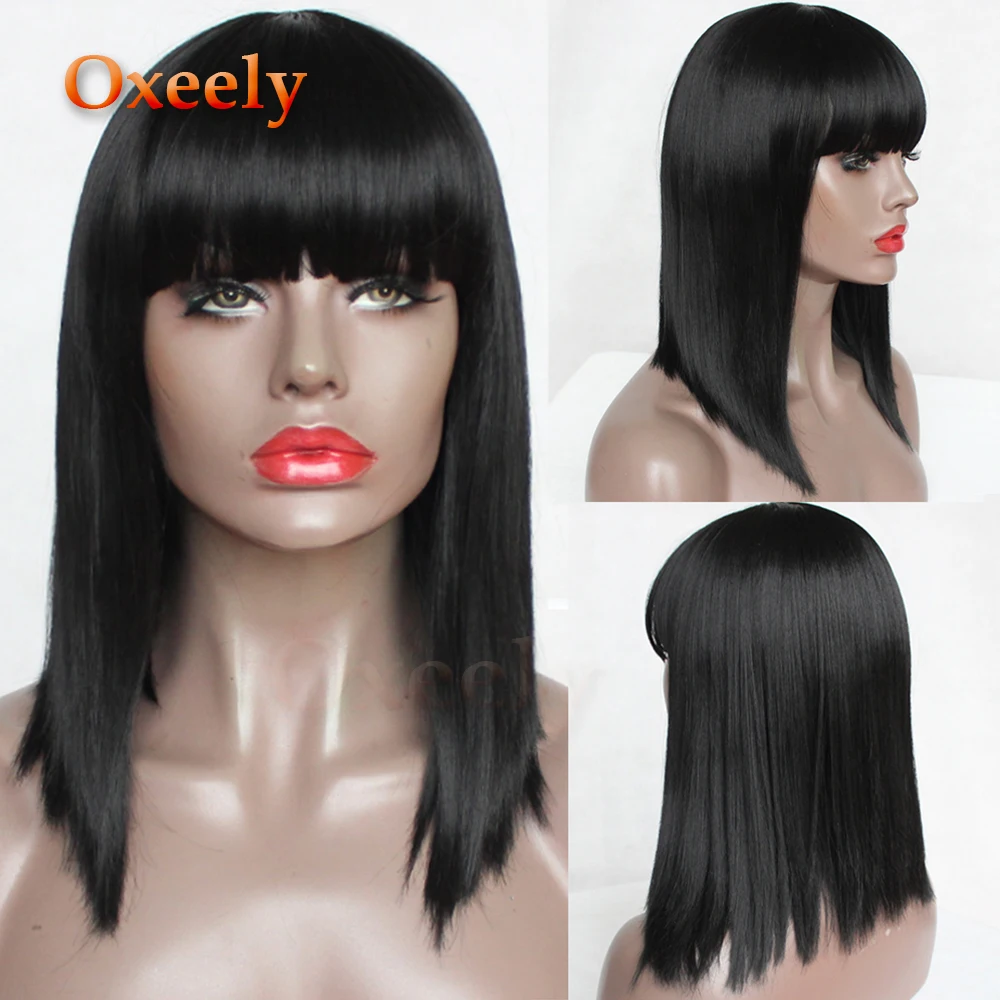 Oxeely BOB Cut Hair Synthetic Hair Full Wigs Black Color Short Bob Straight Wig with Full Bangs None Lace Wig for Beauty Women