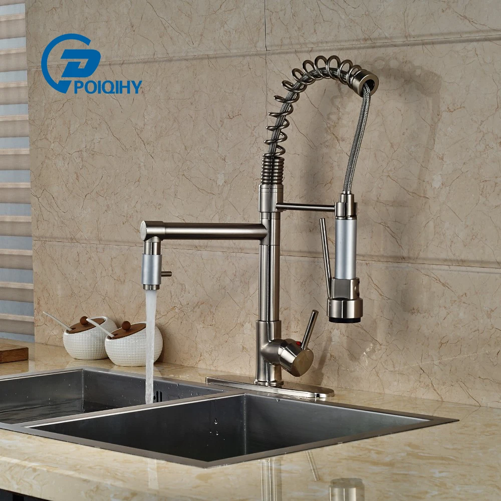 

POIQIHY Modern Nickel Brushed Kitchen Faucet Swivel Spout Dual Sprayers Mixer Taps with 10" round Plate