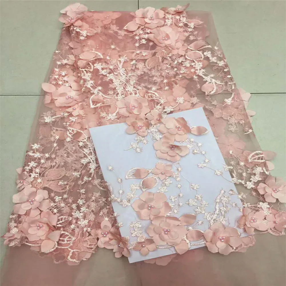 

Best Selling Embroidered Net Lace Peach African Beads Tulle 3d Flower Lace Fabric X554-4