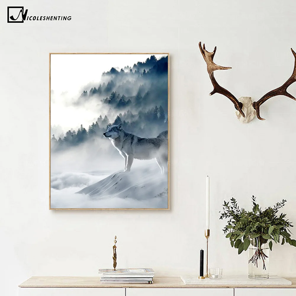 Nicoleshenting Nordic Книги по искусству волк снежных гор Холст плакат минималистский