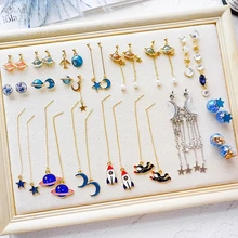 AOMU, новинка, голубая Вселенная, луна, звезда, асимметричные серьги-гвоздики с кристаллами для женщин, девушек, космический корабль, Brinco, подарок