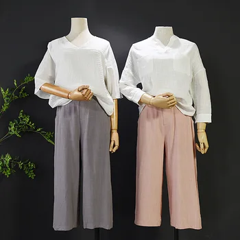 

2019 New Skirt Saia Spring Female Trousers 7 Minutes Of Pants Show Thin Section Literary Elastic Waist Linen Straight Slacks