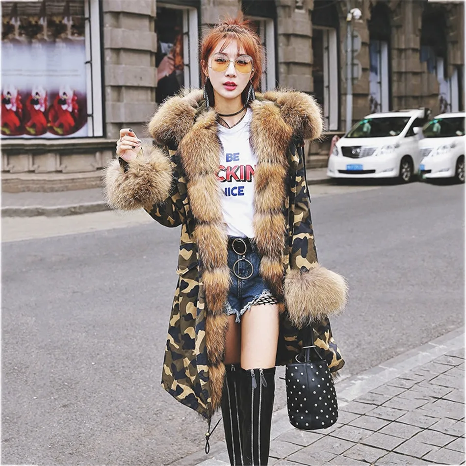 

97 CM LONG raccoon fur hood parka raccoon collar coat jacket Camouflage hoodie women parka raccoon winter with fur