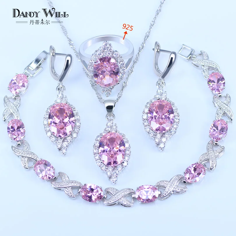 

A Pretty Jewelry Sets Available For Four Seasons Pink Cubic Zirconia Silver 925 mark Silver Color Jewelry Bracelets Sets