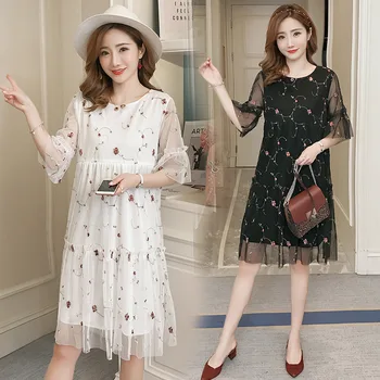 

Nursing dress summer autumn gauze embroidered pregnancy clothes dress fashion out wear sweet breast-feeding maternity gowns