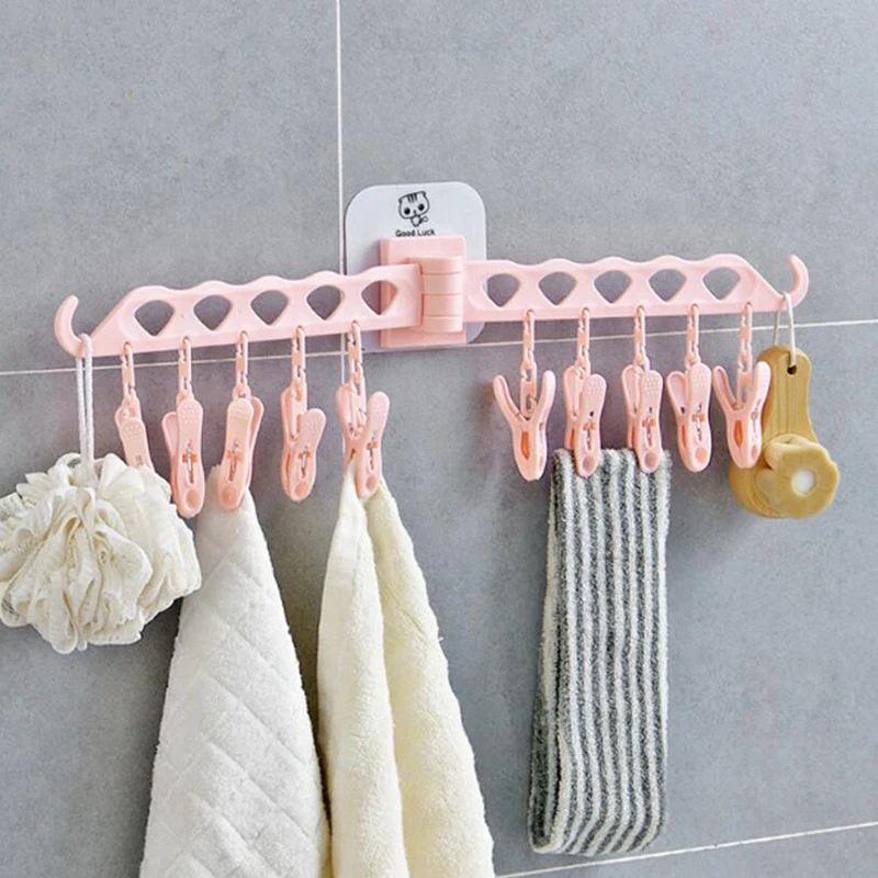 Multifunctional Cloth Pegs Bathroom Drying Rack Foldable 10 Clip Rack