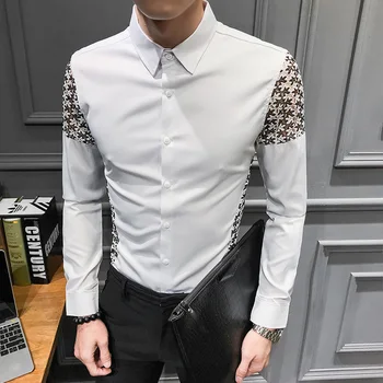 

Autumn Man Lace Split Joint Type Male Shirt Camisa Masculina Men Social Shirt Club Party Shirt Camisa Hombre Long Sleeve Shirt