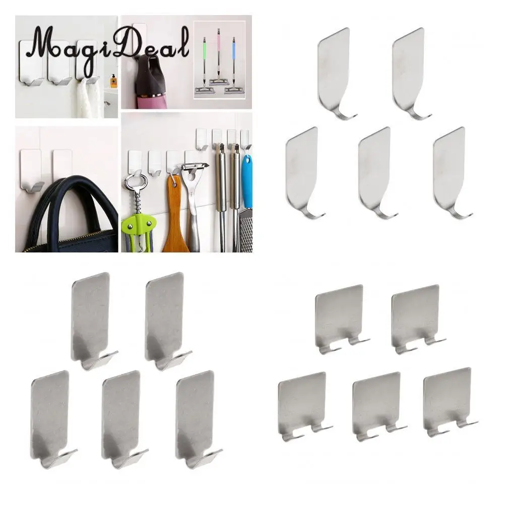 5x Stainless Steel Self Adhesive Hooks Wall Stick on Hooks Clothes Towel Bag Kitchenware Hangers
