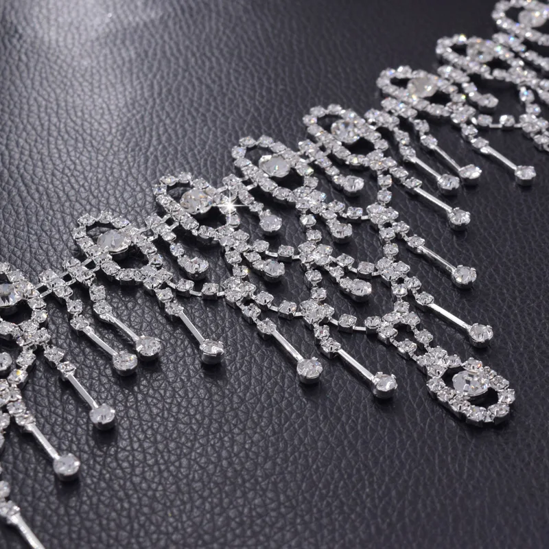 Crystal silver rhinestone clothing appliques tassel trimming (6)