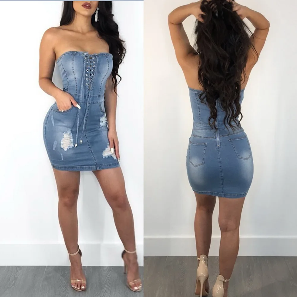 Wendywu, сексуальное джинсовое платье без бретелек на шнуровке, летнее женское Синее джинсовое облегающее платье, уличная одежда, джинсовое платье Vestidos