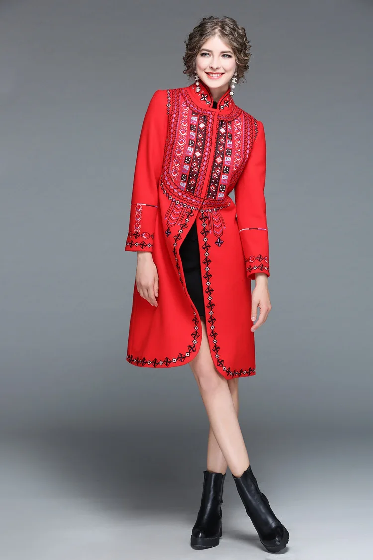 Женское винтажное пальто с геометрическим узором и вышивкой, стоячий воротник, а-силуэт, средней длины, плотные пальто, верхняя одежда, новинка, Осень-зима, красный