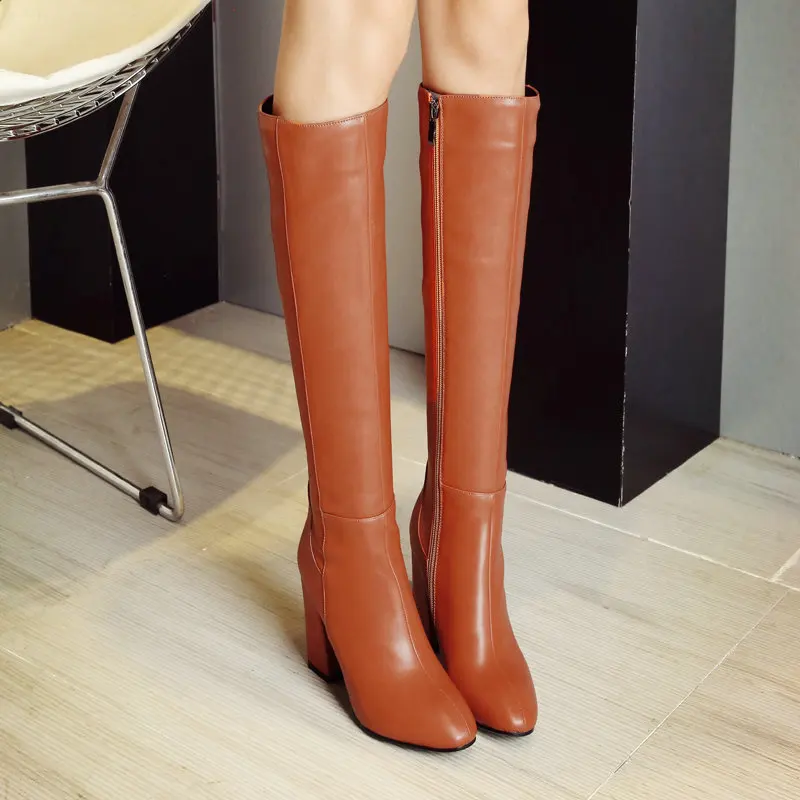 Женские сапоги до колена на молнии; удобная зимняя обувь с квадратным носком; женские теплые плюшевые сапоги на высоком каблуке; цвет красный, черный, коричневый; сапоги