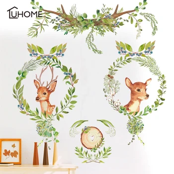 

Green Tree Leaf Garland Deer Wallpaper Self Adhesive Poster Home Living Room Saloon Store Decor Cute Deer Wall Sticker Decal