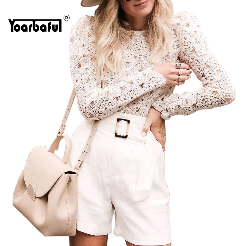

2019 Sexy Hollow Out Beige Blouses Lady Summer Tops Elegant Long Sleeve Crochet Shirts Chemisier Office Elegant Female Clothes