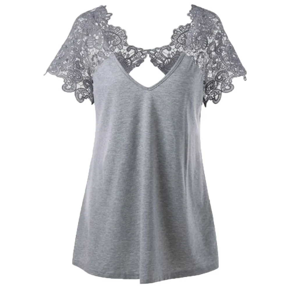Señoras Sexy de encaje blusa de las mujeres Halter con cuello en V de manga corta Tops verano camisa Casual Ropa de Mujer # Z