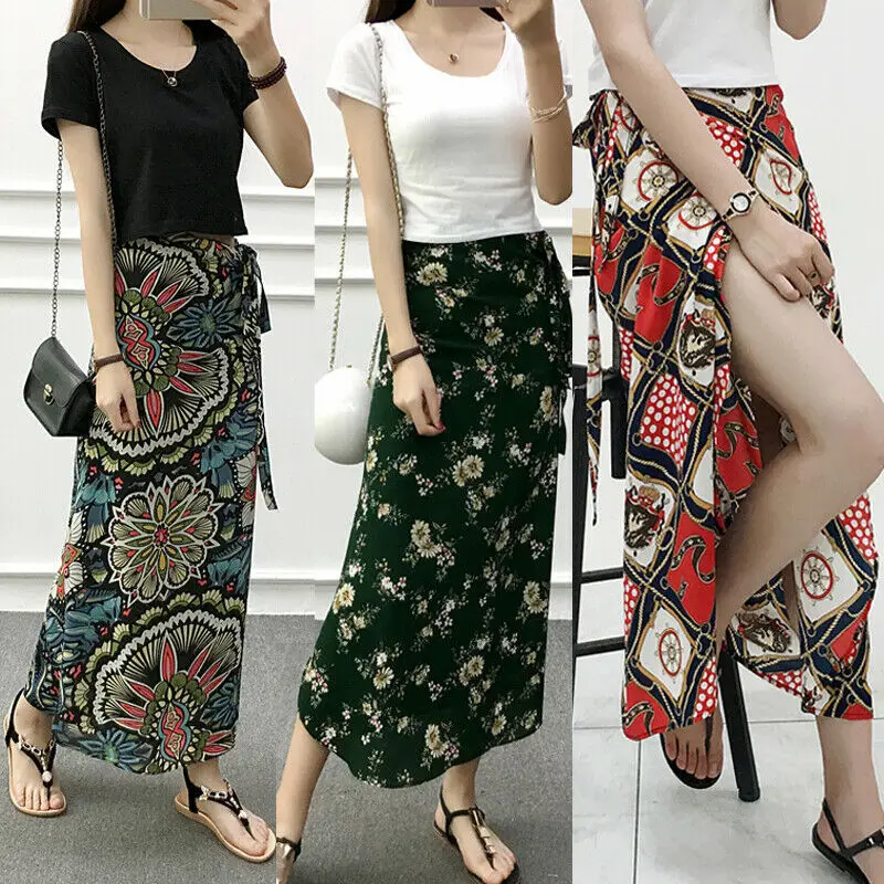 

Women Ladies Ankle Length Skirt Summer Boho Casual Beach Split Wrap Sundress 2019 New