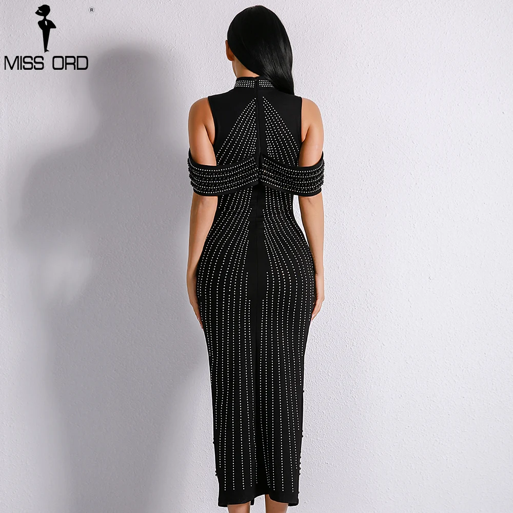 Billig Missord 2020 Sexy Neue Off Schulter Weiß Perlen Elegante Kleider Weiblichen Niet Mittleren Split Bodycon Mid kalb Kleid MQ8881 1