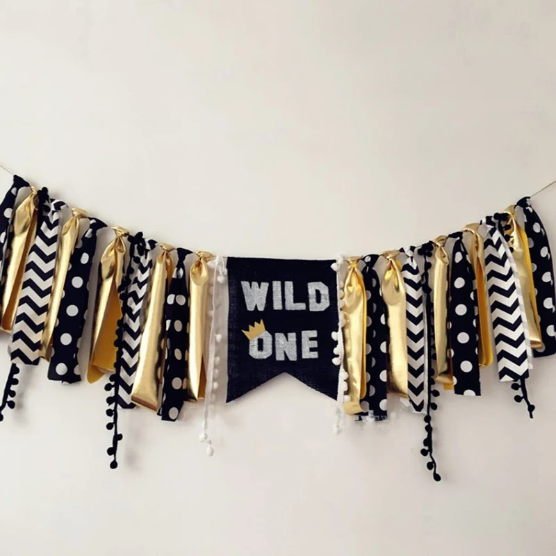 

1 Pc New Black Gold Wild One Inspired Highchair Banner Boy 1st Birthday Party Garland Bunting Baby shower Decor Nursery Hanging