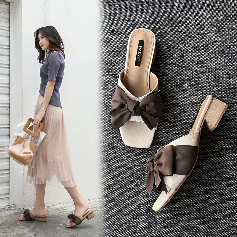 

Size 34-43 Big Bow Sandals Women Silk Riband Flipflops Low Thick Heels Slippers Leather Slides Woman Wedges Shoes Femme Sandales
