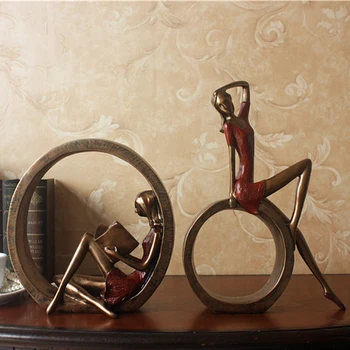

2 Pcs/ Set Resin Abstract Girl Sitting and Girl Reading with Circles Statue Lady Figurine Ornament Living Room Deco (Brown)
