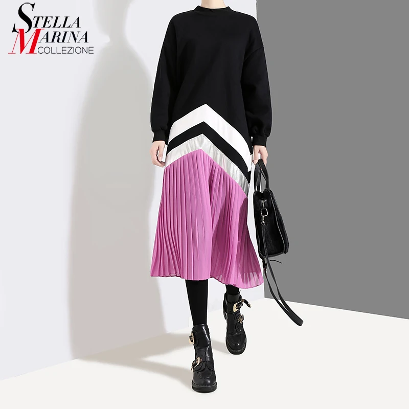 

New 2019 Korean Style Women Autumn Winter Pleated Dress Patchwork Long Sleeve Striped Plus Size Midi Casual Dress vestidos 4545